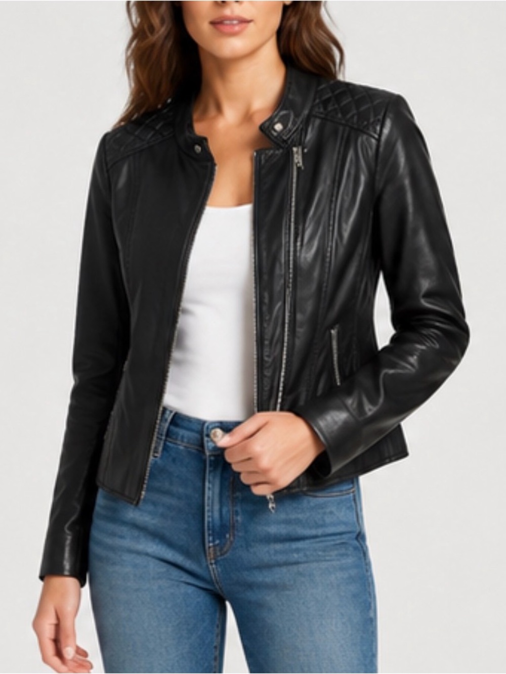Andrew Marc Black Quilted-Shoulder Genuine  Leather Jacket  - retails $300 +